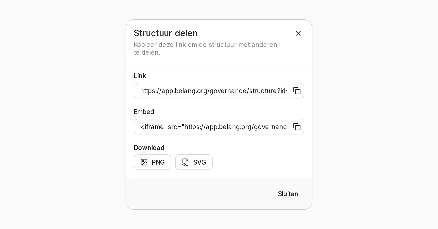 Deel-dialoog met de publieke link en de embed-code